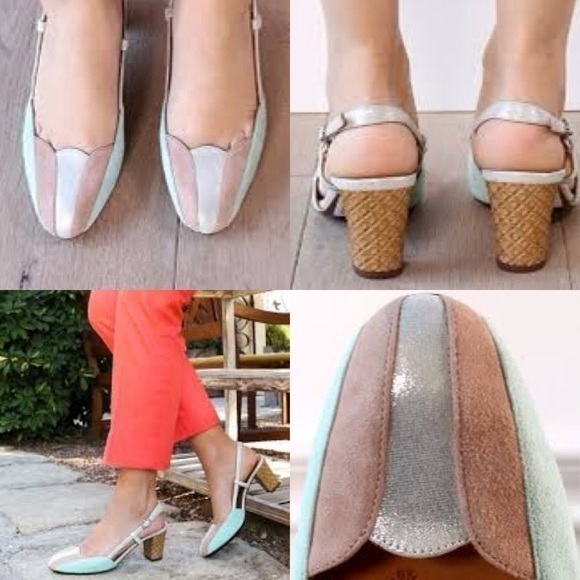 Nib Chie Mihara Tatami Suede & Metallic Leather Slingback Heels Size 7